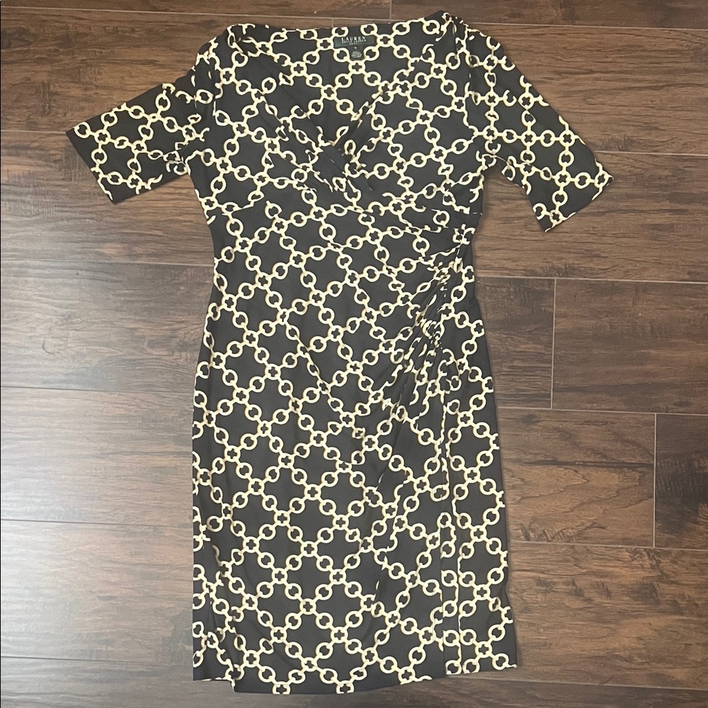 Ralph Lauren Black and Cream Chain Print Midi Dress